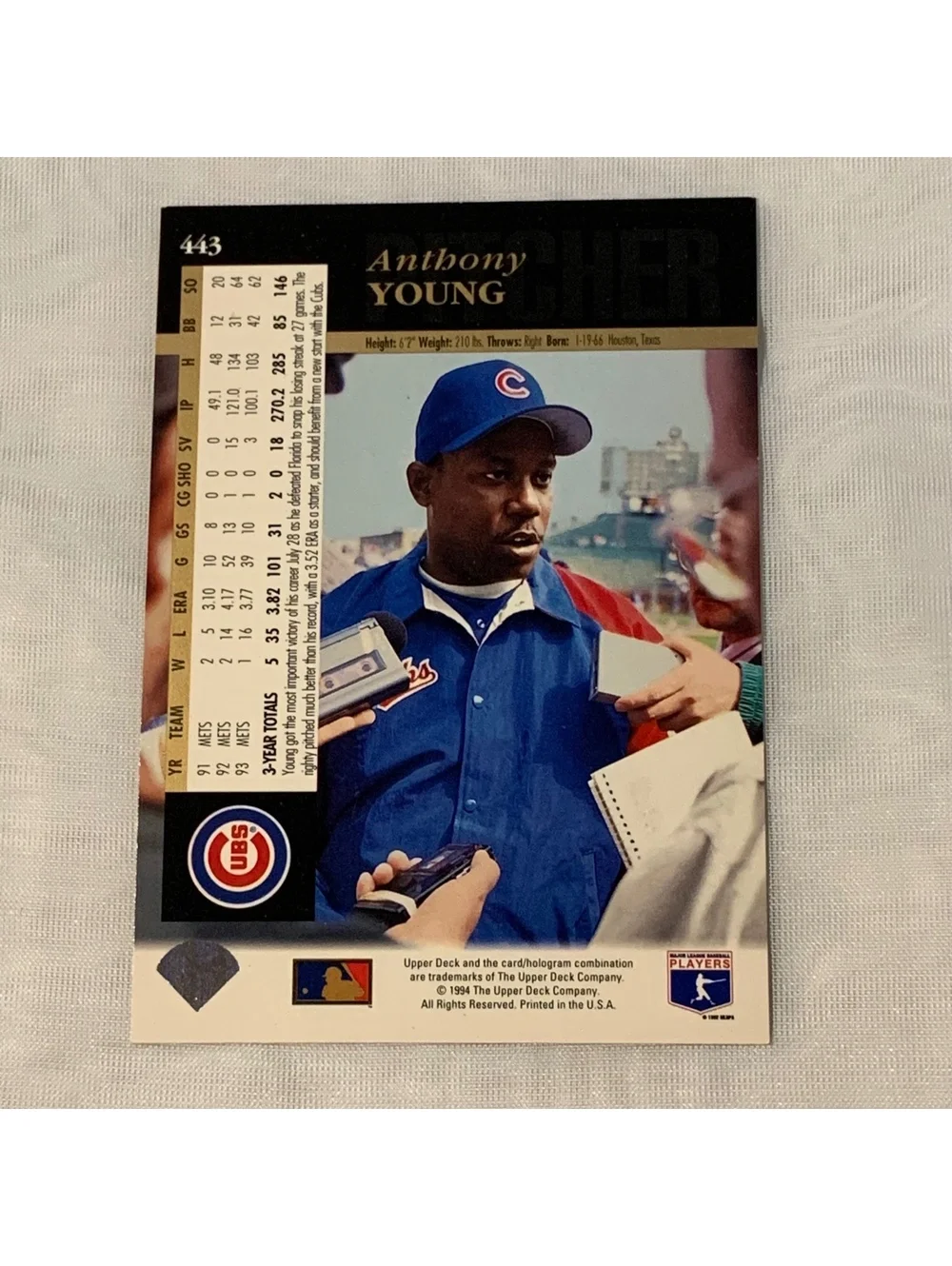 1994 Upper Deck Baseball #443 Anthony Young Chicago Cubs MLB Trading Card